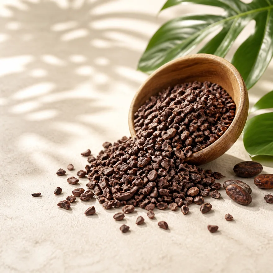 Premium broken cacao nibs in a wooden bowl from the Dominican Republic