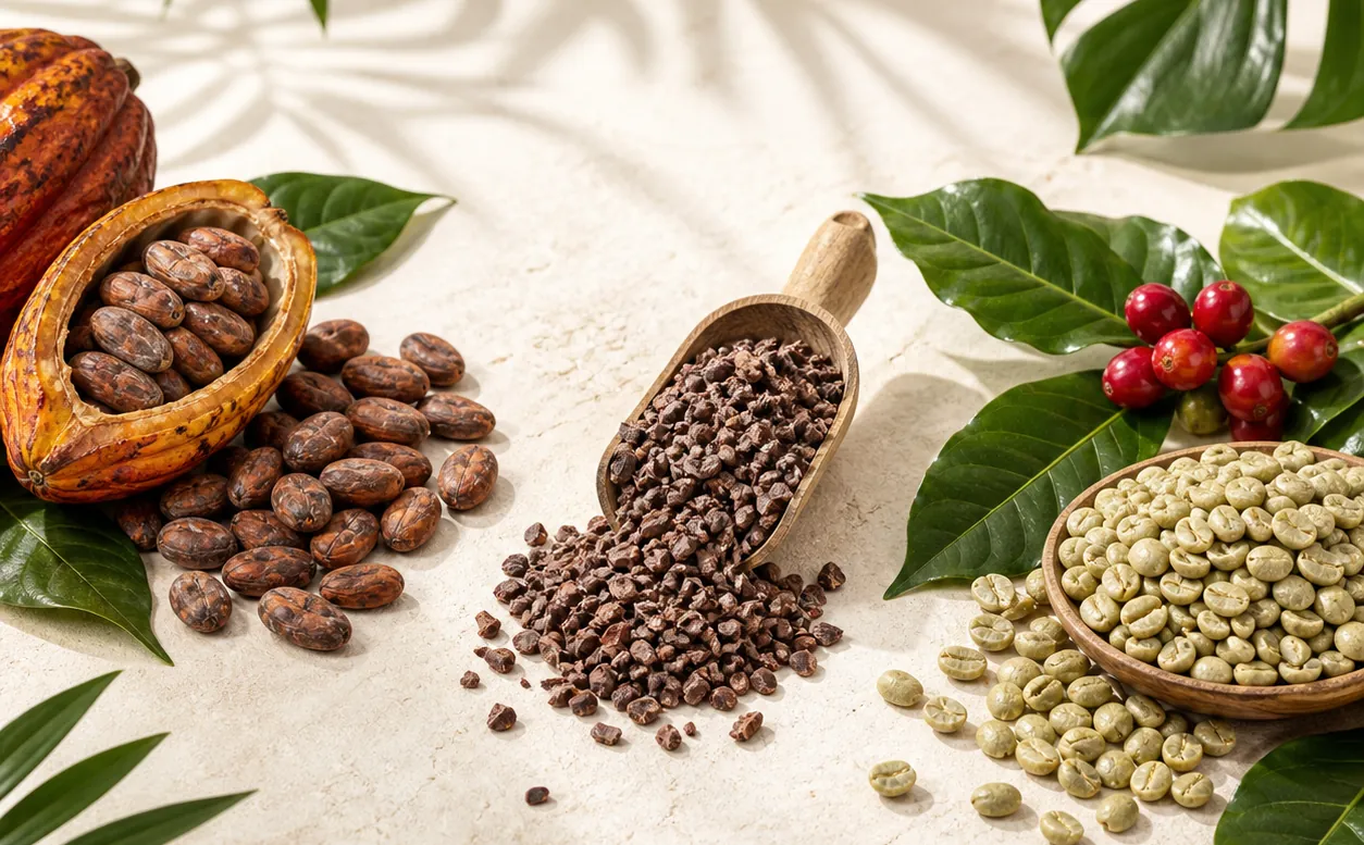 Gauss Export product range — Trinitario cacao, cacao nibs and green Arabica coffee from the Dominican Republic