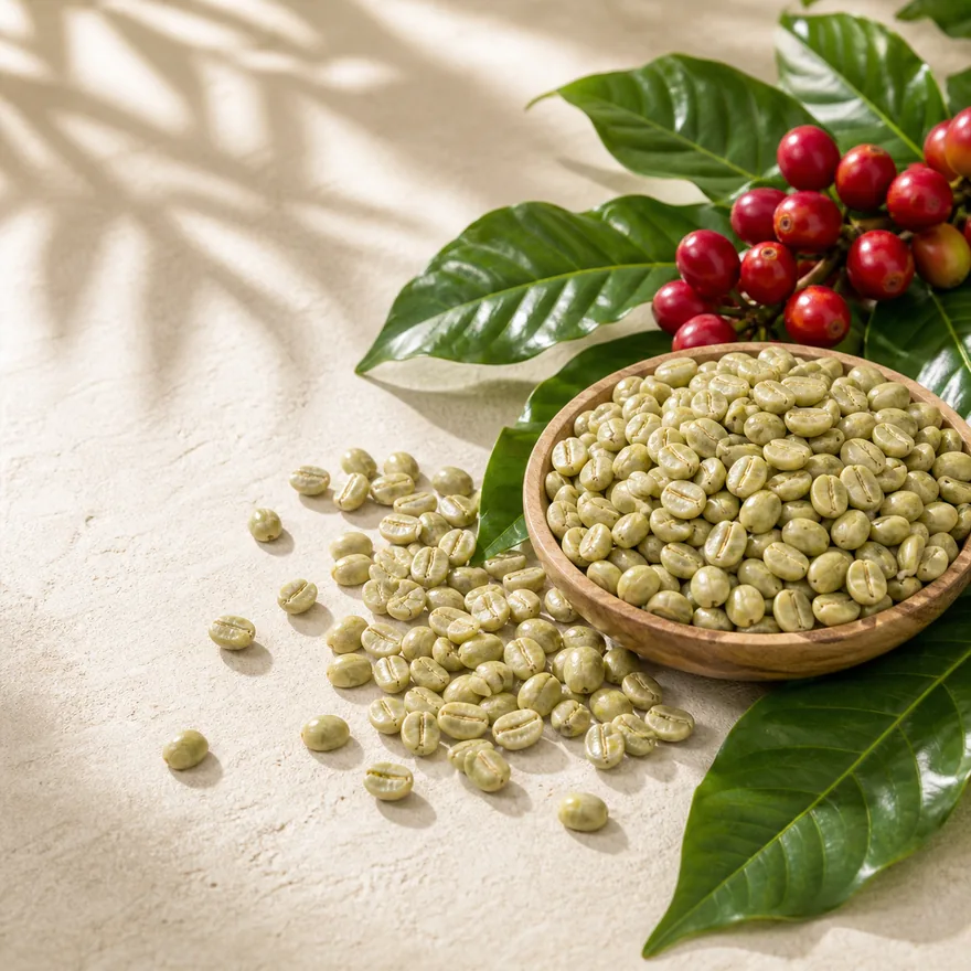 High-grade green Arabica coffee beans with red coffee cherries