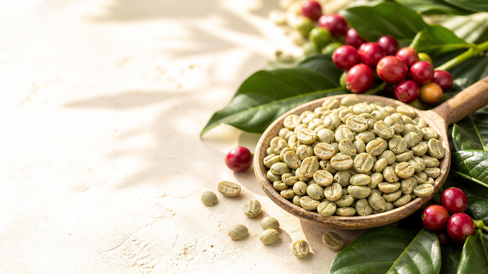 Rohkaffee Arabica mit grünen Bohnen und Kaffeekirschen