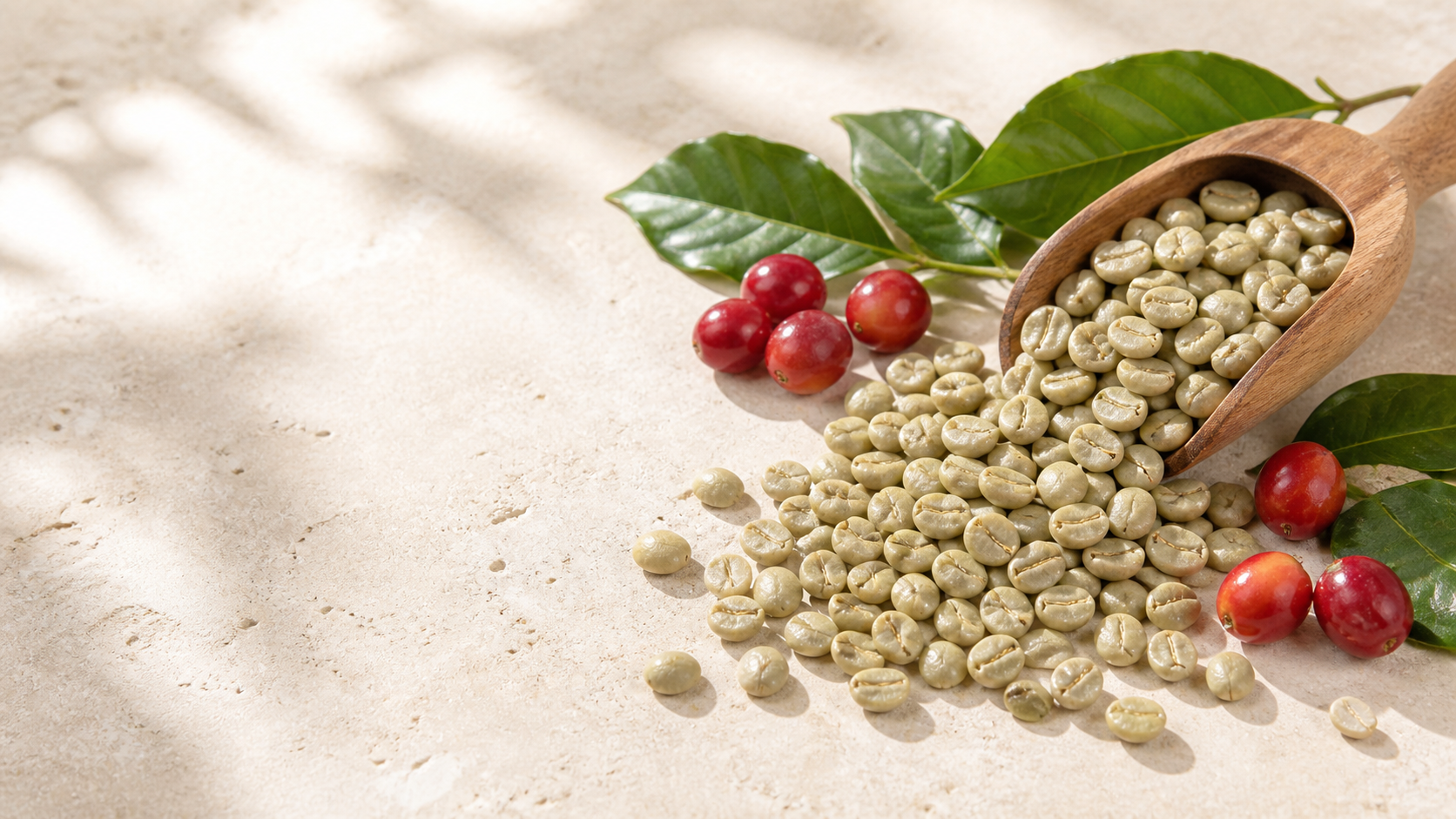 Rohkaffee Arabica mit grünen Bohnen und Kaffeekirschen