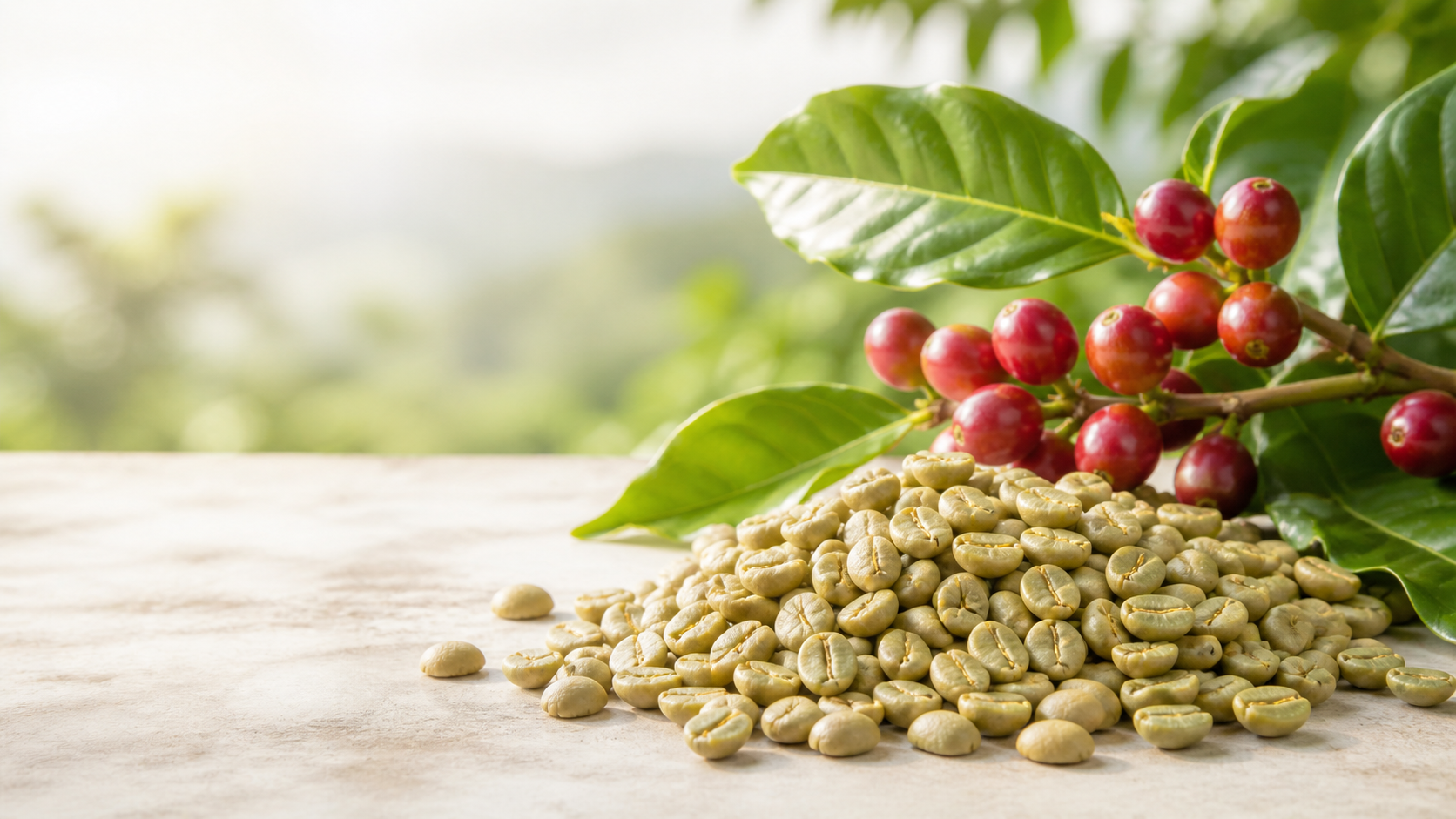 Rohkaffee Arabica mit grünen Bohnen und Kaffeekirschen